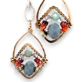Amazonite, blue labradorite, crystal, pyrite, and cubic zirconia gemstones held within a mini bronze marquise earring with hammered brass twist wire accent