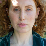 Amazonite, blue labradorite, crystal, pyrite, and cubic zirconia gemstones held within a mini bronze marquise earring with hammered brass twist wire accent