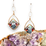 Amazonite, blue labradorite, crystal, pyrite, and cubic zirconia gemstones held within a mini bronze marquise earring with hammered brass twist wire accent