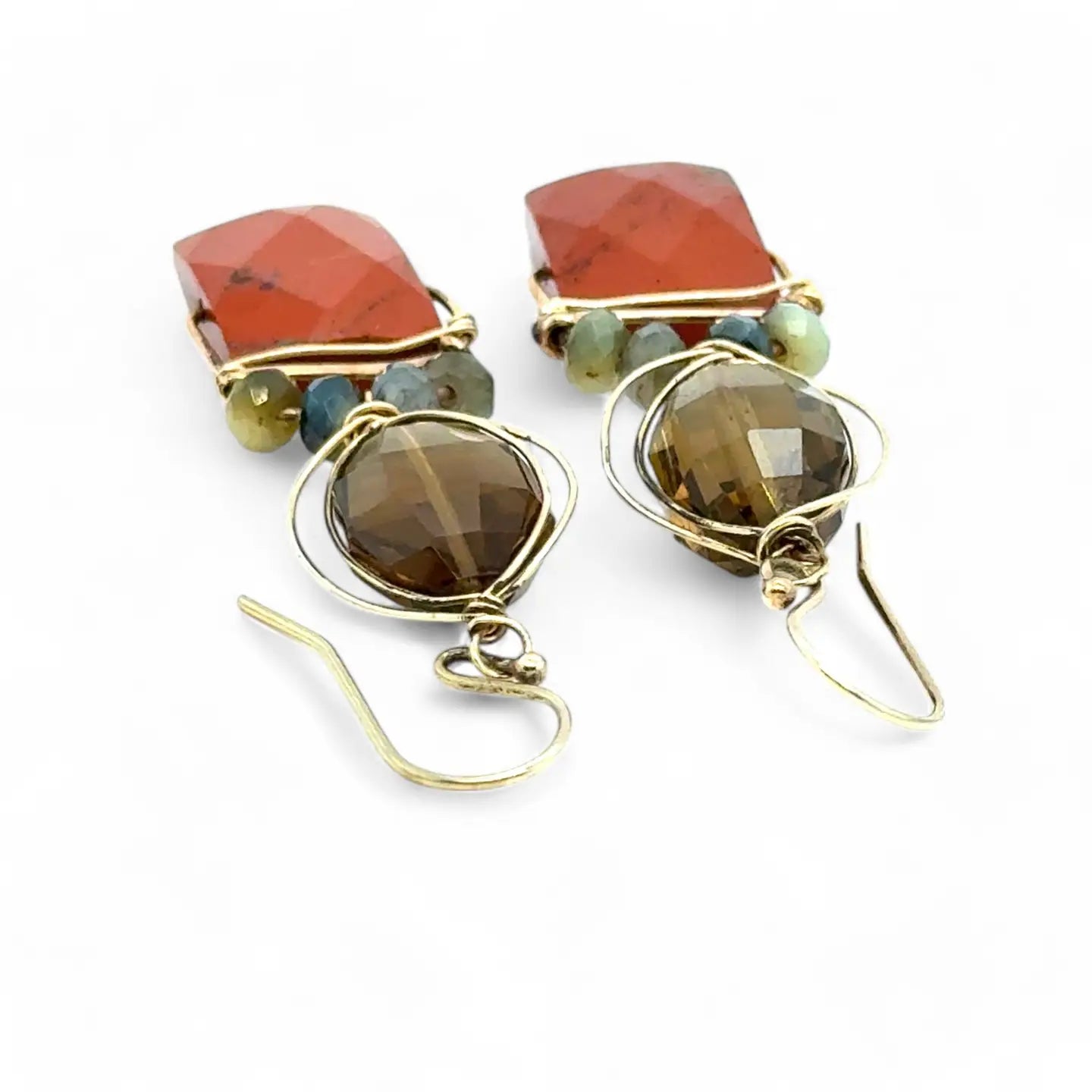 Brick red jasper rectangle wrapped in gold filled wire and cat's eye gemstones hanging from a smokey quartz wrapped in gold filled wire earrings