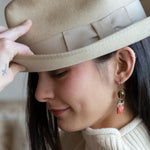 Brick red jasper rectangle wrapped in gold filled wire and cat's eye gemstones hanging from a smokey quartz wrapped in gold filled wire earrings