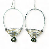 Sterling silver earrings woven with gold filled wire, crystal cubes, rutilated quartz, and pyrite drop gemstones