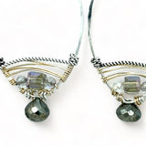 Sterling silver earrings woven with gold filled wire, crystal cubes, rutilated quartz, and pyrite drop gemstones