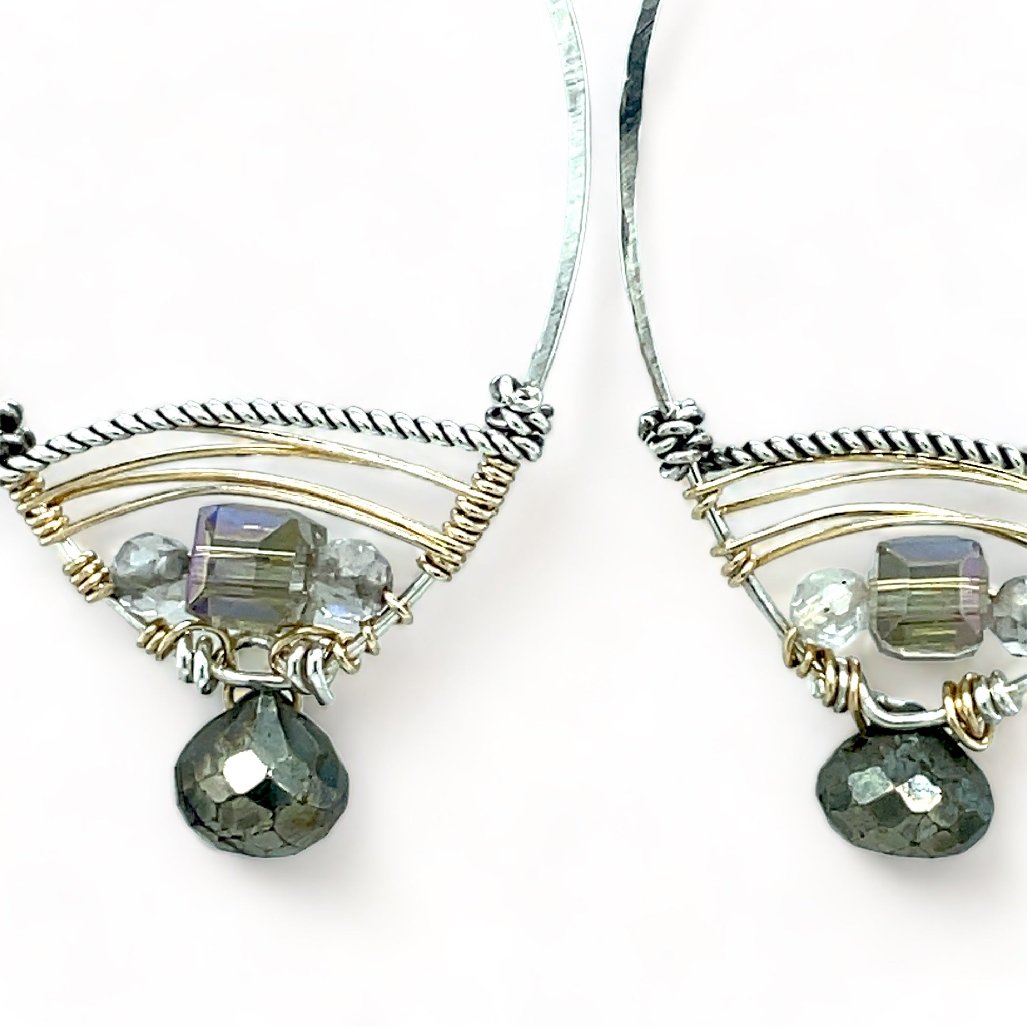 Sterling silver earrings woven with gold filled wire, crystal cubes, rutilated quartz, and pyrite drop gemstones