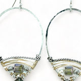 Sterling silver earrings woven with gold filled wire, crystal cubes, rutilated quartz, and pyrite drop gemstones