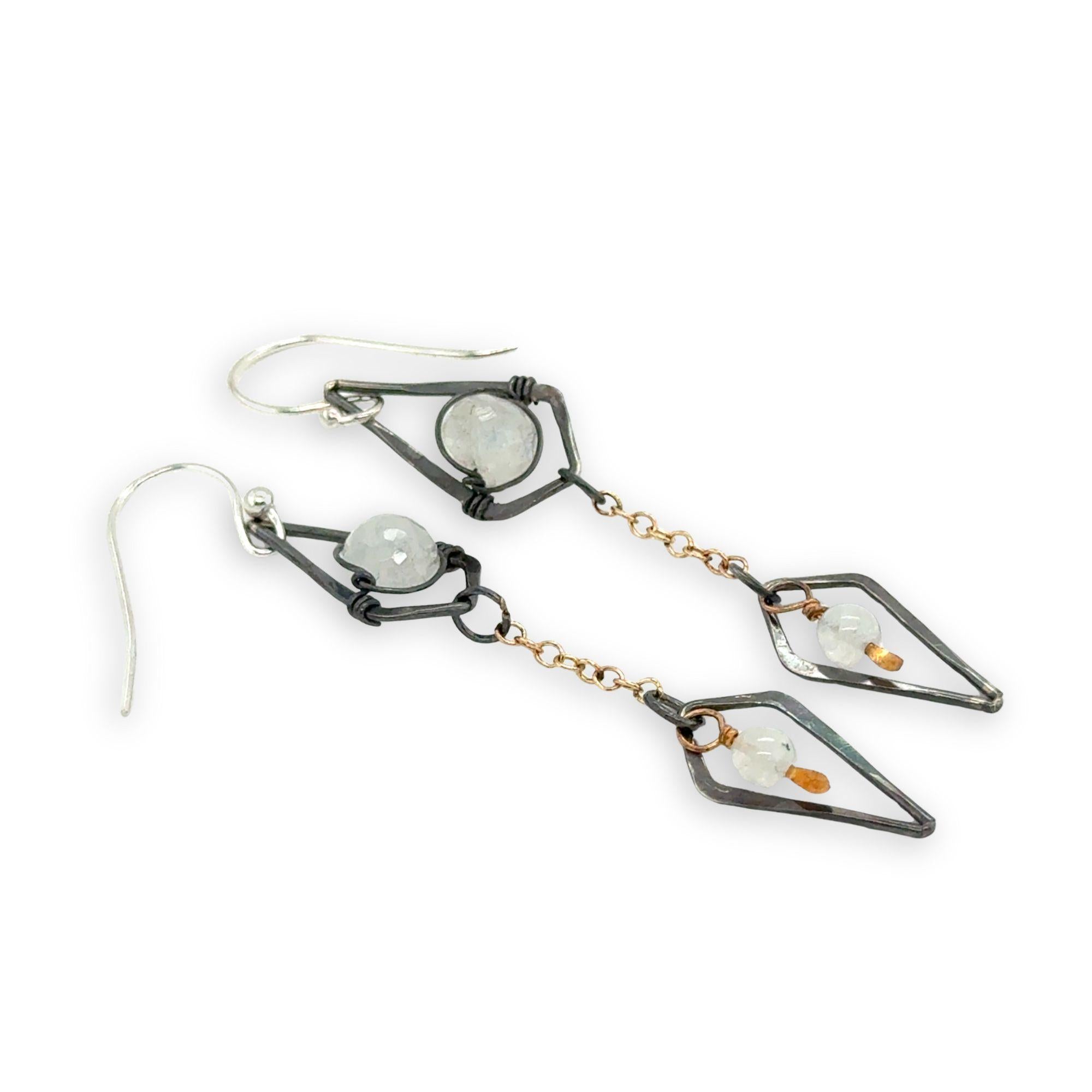 oxidized sterling silver diamond charm and gold filled delicate chain charm earrings with rainbow moonstone accents