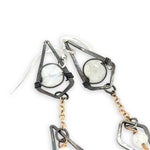 oxidized sterling silver diamond charm and gold filled delicate chain charm earrings with rainbow moonstone accents