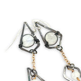 oxidized sterling silver diamond charm and gold filled delicate chain charm earrings with rainbow moonstone accents