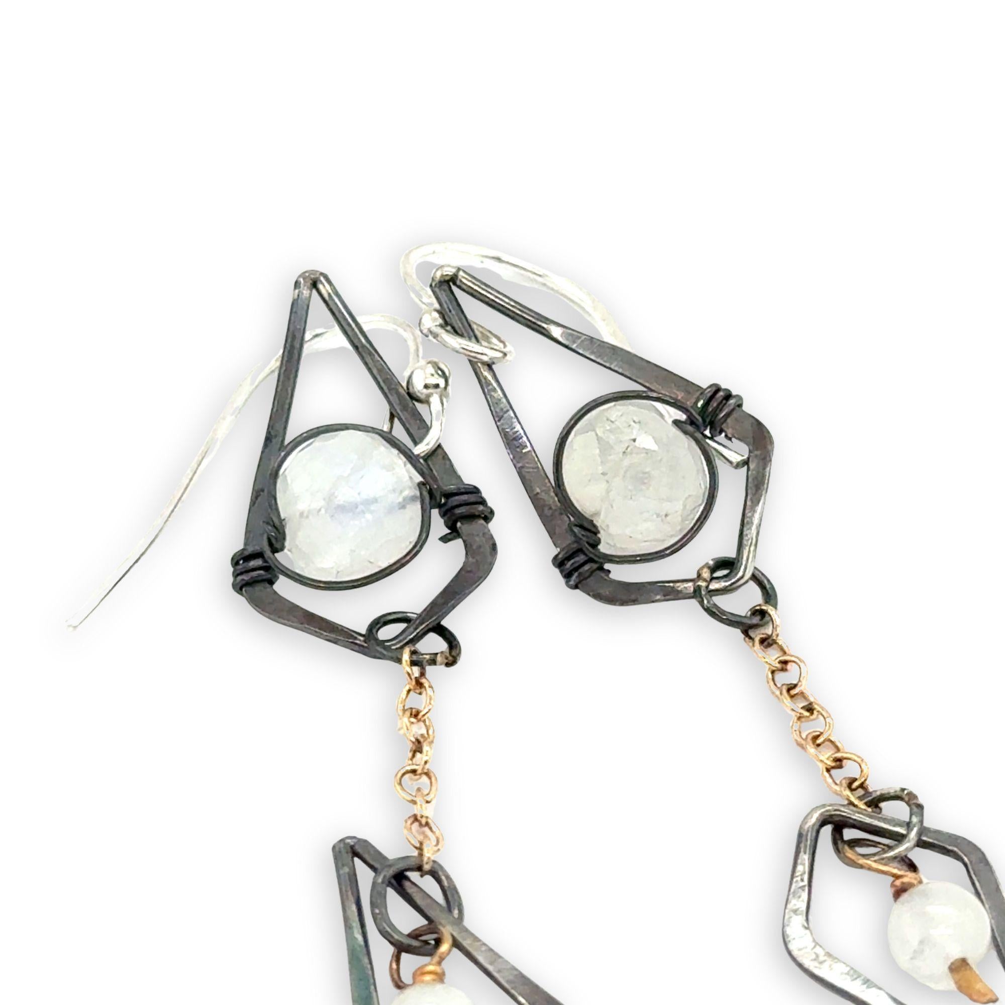 oxidized sterling silver diamond charm and gold filled delicate chain charm earrings with rainbow moonstone accents