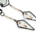 oxidized sterling silver diamond charm and gold filled delicate chain charm earrings with rainbow moonstone accents
