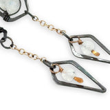 oxidized sterling silver diamond charm and gold filled delicate chain charm earrings with rainbow moonstone accents