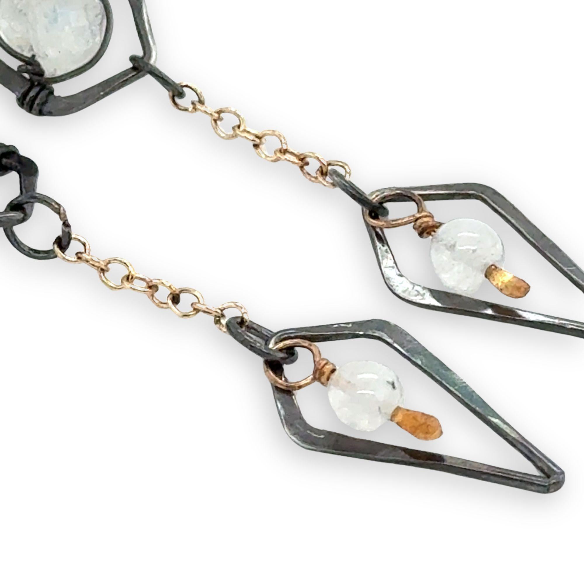 oxidized sterling silver diamond charm and gold filled delicate chain charm earrings with rainbow moonstone accents