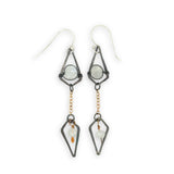 oxidized sterling silver diamond charm and gold filled delicate chain charm earrings with rainbow moonstone accents