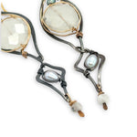 darkened sterling silver charm earrings with blue and silver fresh water pearls and moonstone gemstones on gold filled wire
