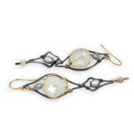 darkened sterling silver charm earrings with blue and silver fresh water pearls and moonstone gemstones on gold filled wire