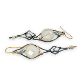 darkened sterling silver charm earrings with blue and silver fresh water pearls and moonstone gemstones on gold filled wire