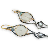 darkened sterling silver charm earrings with blue and silver fresh water pearls and moonstone gemstones on gold filled wire