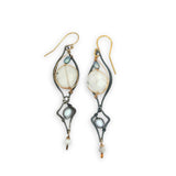 darkened sterling silver charm earrings with blue and silver fresh water pearls and moonstone gemstones on gold filled wire