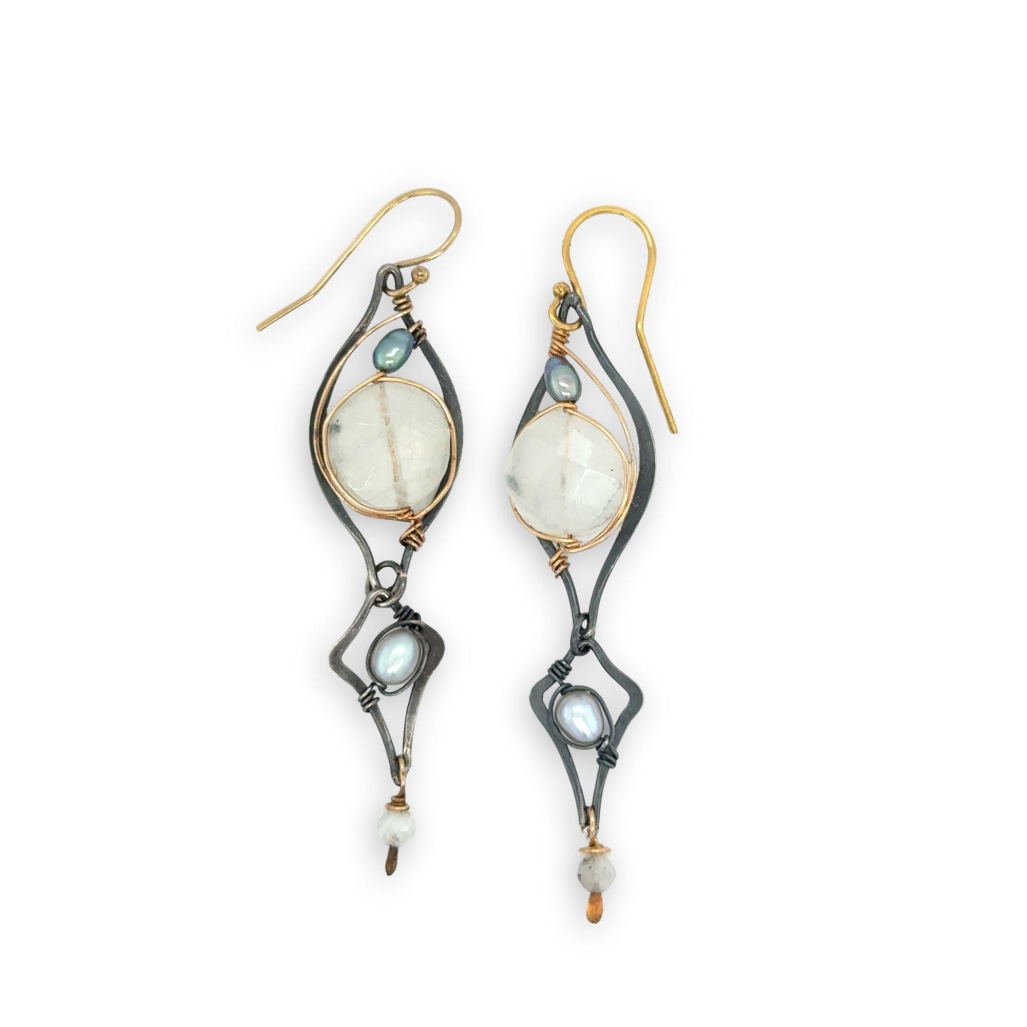 darkened sterling silver charm earrings with blue and silver fresh water pearls and moonstone gemstones on gold filled wire