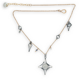 Gold filled and oxidized sterling silver star charm necklace with rainbow moonstone, and silver blue fresh water pearl accents