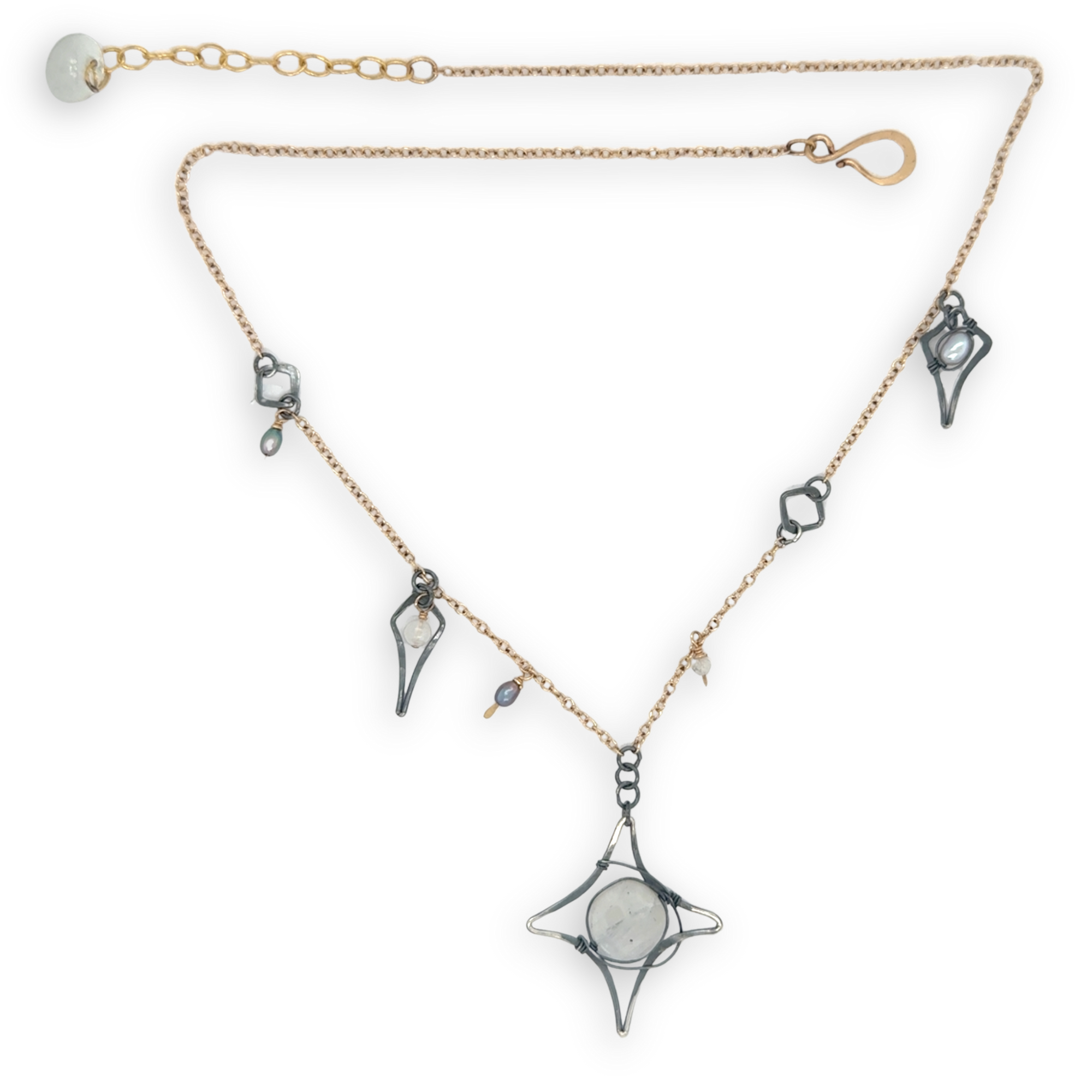 Gold filled and oxidized sterling silver star charm necklace with rainbow moonstone, and silver blue fresh water pearl accents
