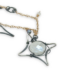 Gold filled and oxidized sterling silver star charm necklace with rainbow moonstone, and silver blue fresh water pearl accents