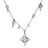 Gold filled and oxidized sterling silver star charm necklace with rainbow moonstone, and silver blue fresh water pearl accents