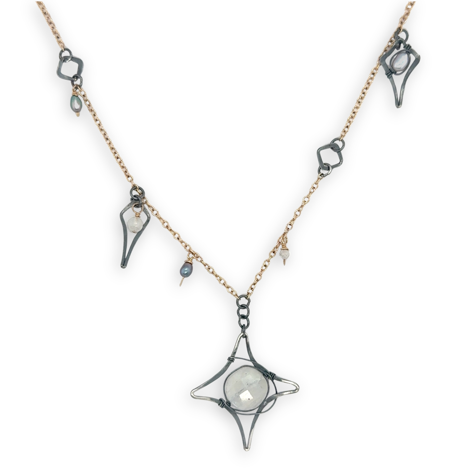 Gold filled and oxidized sterling silver star charm necklace with rainbow moonstone, and silver blue fresh water pearl accents
