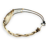 Half oxidized sterling, half braided brass bracelet with a large opal teardrop accented with moonstone gemstones