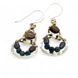 Pair of earrings with brass and silver teardrop designs with chrysocolla, fresh water pearl, and a mini smooth teardrop smokey quartz
