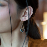 Pair of earrings with brass and silver teardrop designs with chrysocolla, fresh water pearl, and a mini smooth teardrop smokey quartz