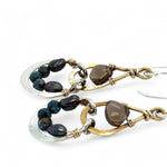 Pair of earrings with brass and silver teardrop designs with chrysocolla, fresh water pearl, and a mini smooth teardrop smokey quartz