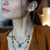 Pair of earrings with brass and silver teardrop designs with chrysocolla, fresh water pearl, and a mini smooth teardrop smokey quartz