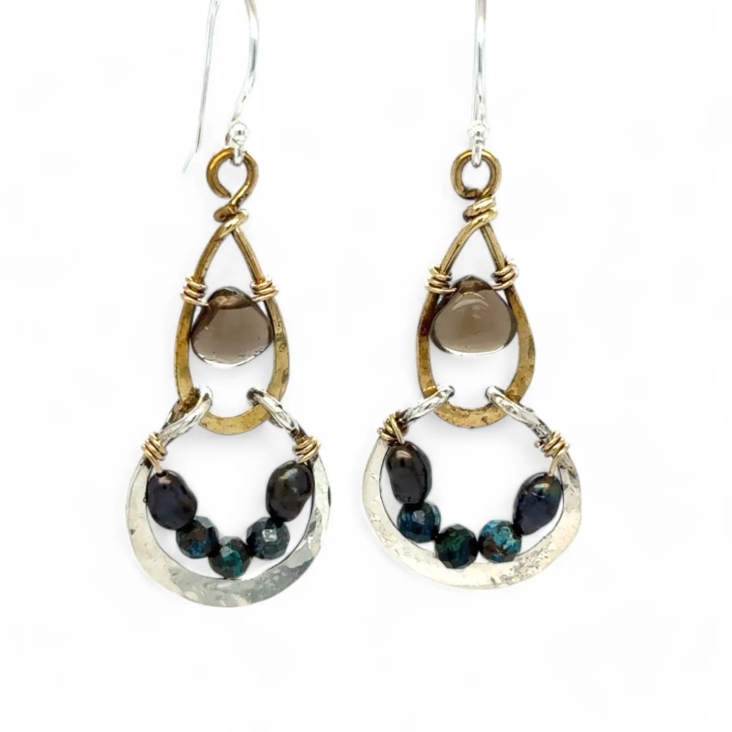 Pair of earrings with brass and silver teardrop designs with chrysocolla, fresh water pearl, and a mini smooth teardrop smokey quartz