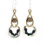 Pair of earrings with brass and silver teardrop designs with chrysocolla, fresh water pearl, and a mini smooth teardrop smokey quartz