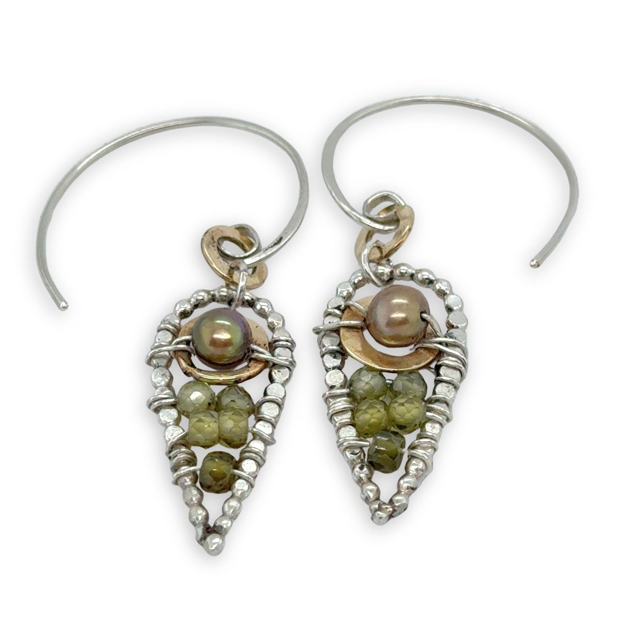 Sterling silver dot wire teardrops filled with olive green fresh water pearl and green cubic zirconia with brass accents on our handmade sterling hoop hooks
