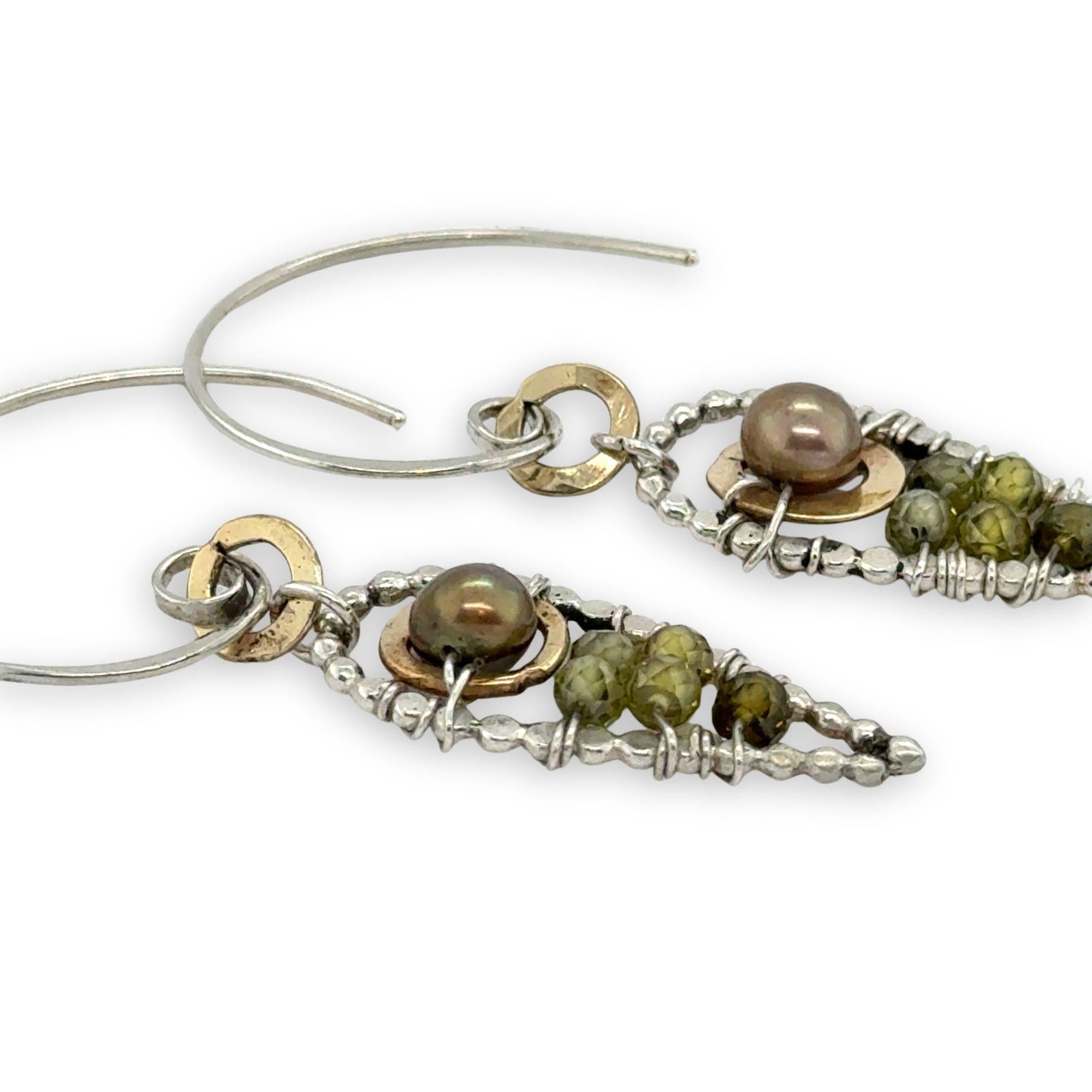 Sterling silver dot wire teardrops filled with olive green fresh water pearl and green cubic zirconia with brass accents on our handmade sterling hoop hooks