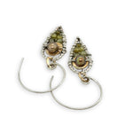Sterling silver dot wire teardrops filled with olive green fresh water pearl and green cubic zirconia with brass accents on our handmade sterling hoop hooks