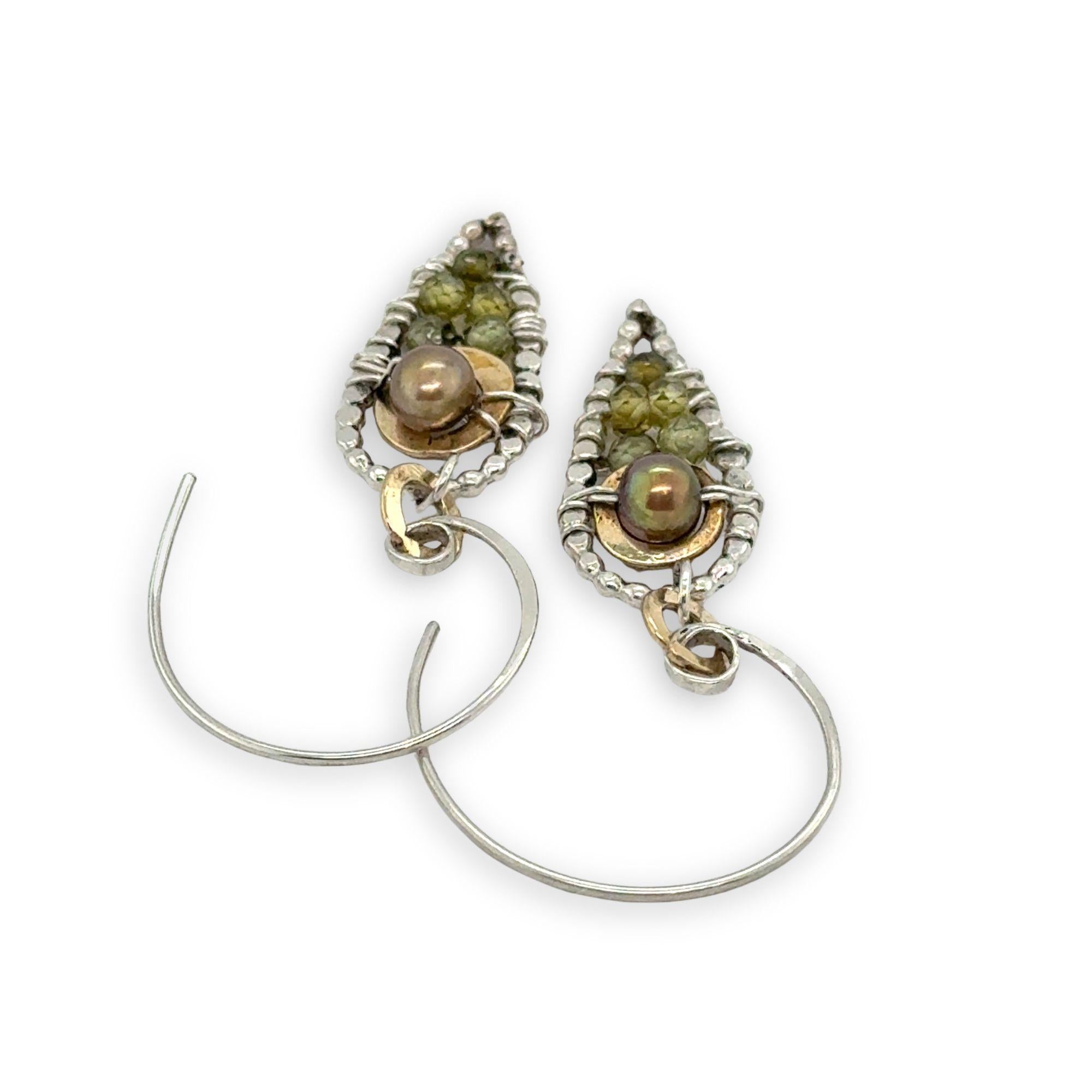 Sterling silver dot wire teardrops filled with olive green fresh water pearl and green cubic zirconia with brass accents on our handmade sterling hoop hooks