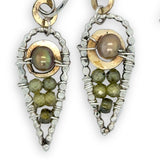 Sterling silver dot wire teardrops filled with olive green fresh water pearl and green cubic zirconia with brass accents on our handmade sterling hoop hooks