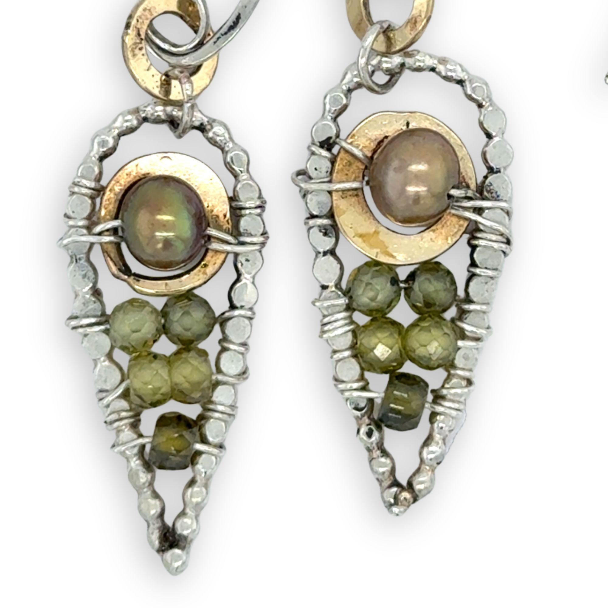 Sterling silver dot wire teardrops filled with olive green fresh water pearl and green cubic zirconia with brass accents on our handmade sterling hoop hooks