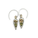 Sterling silver dot wire teardrops filled with olive green fresh water pearl and green cubic zirconia with brass accents on our handmade sterling hoop hooks