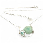 Mint druzy quartz slab and mint keshi fresh water pearl inside a sterling silver hammered u shaped pendant necklace