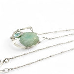 Mint druzy quartz slab and mint keshi fresh water pearl inside a sterling silver hammered u shaped pendant necklace