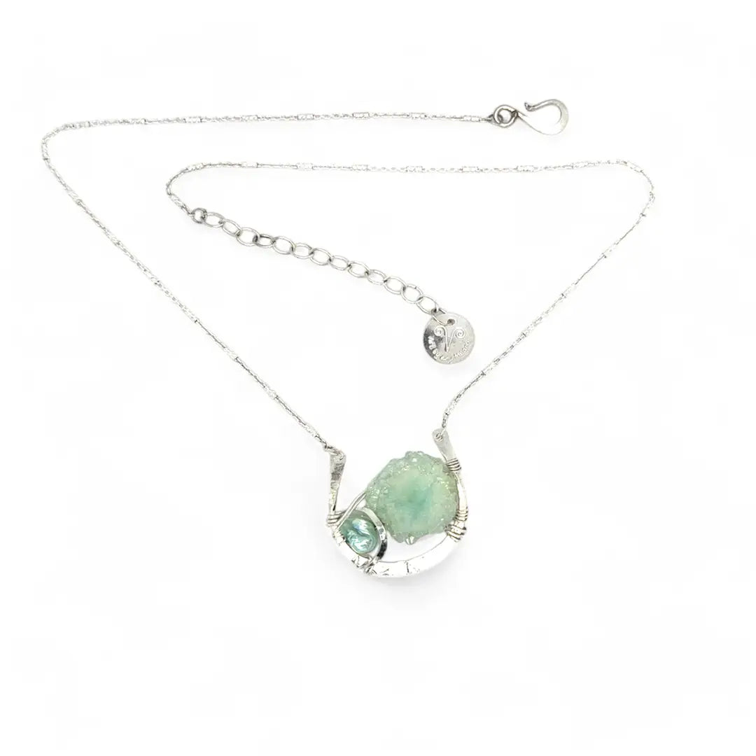 Mint druzy quartz slab and mint keshi fresh water pearl inside a sterling silver hammered u shaped pendant necklace