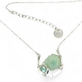 Mint druzy quartz slab and mint keshi fresh water pearl inside a sterling silver hammered u shaped pendant necklace