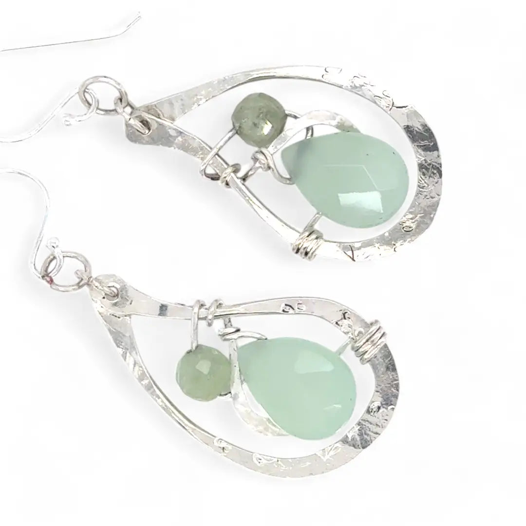 floral stamped and hammered sterling silver paisley shaped earrings with mint colored jade faceted drops and green kyanite gemstones