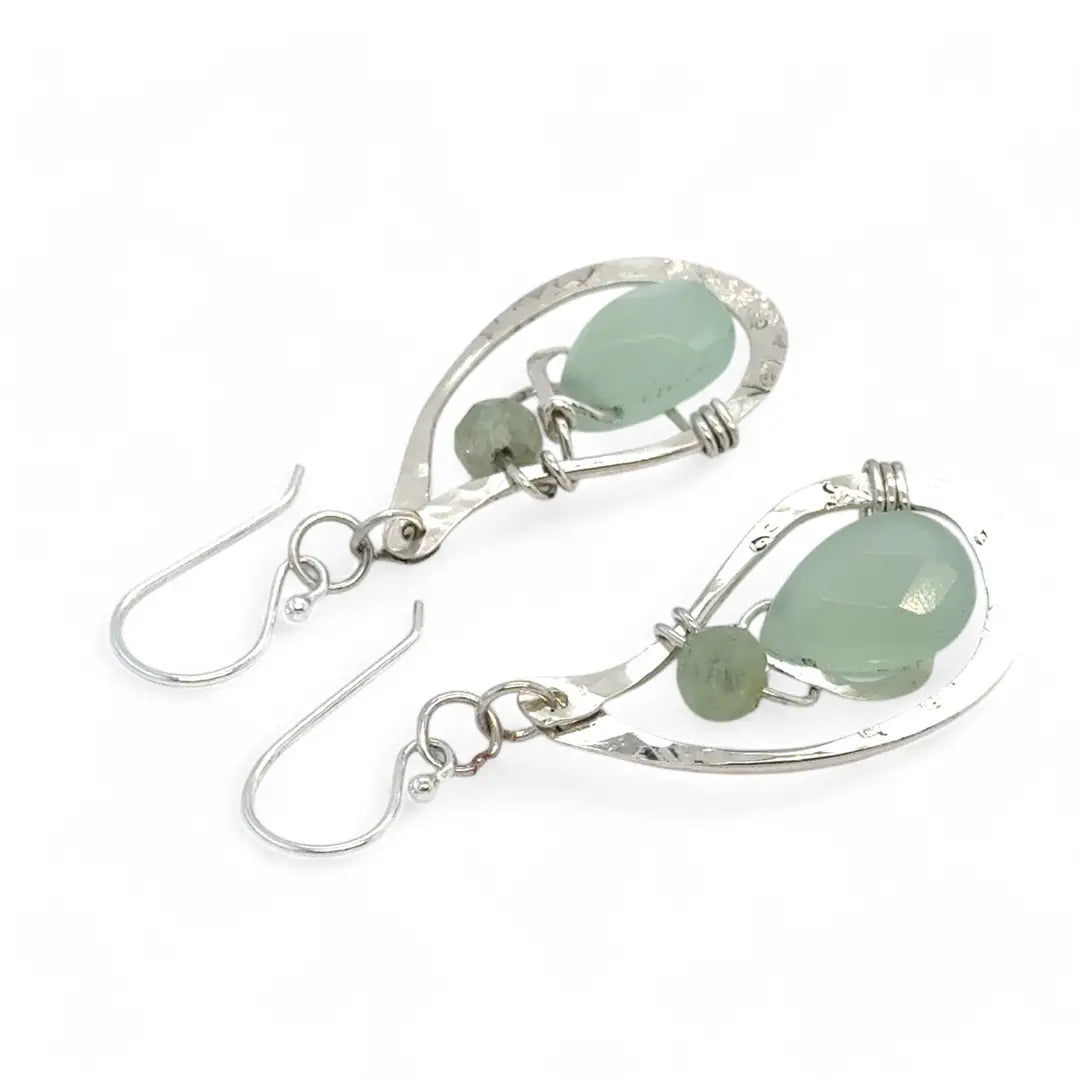 floral stamped and hammered sterling silver paisley shaped earrings with mint colored jade faceted drops and green kyanite gemstones