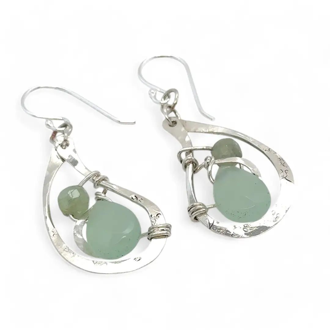 floral stamped and hammered sterling silver paisley shaped earrings with mint colored jade faceted drops and green kyanite gemstones