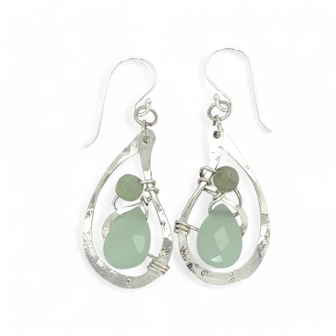 floral stamped and hammered sterling silver paisley shaped earrings with mint colored jade faceted drops and green kyanite gemstones
